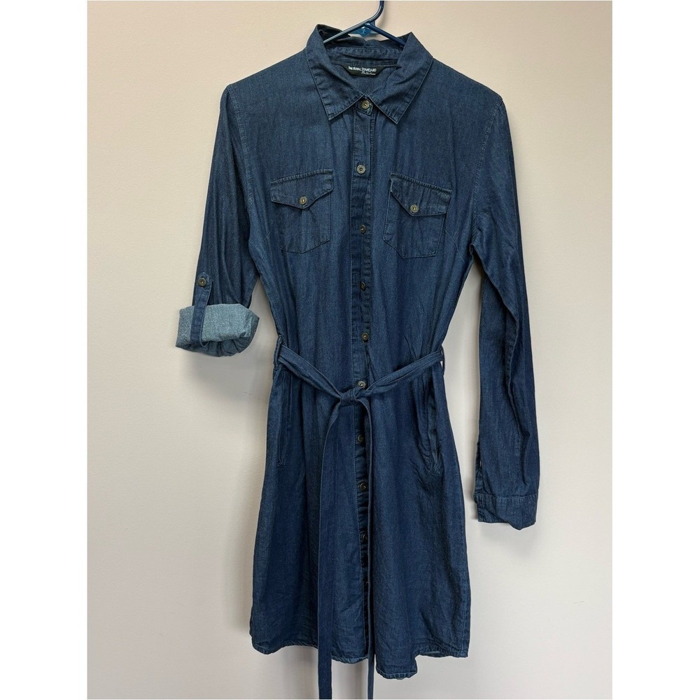 The Royal Standard Denim Shirt Dress Dark Wash Long Sleeve Belted Pockets L